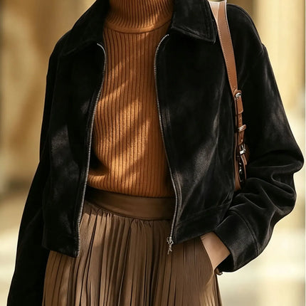 Autumn and winter short suede jacket women's vintage leather down lapel slim jacket jacket women's
