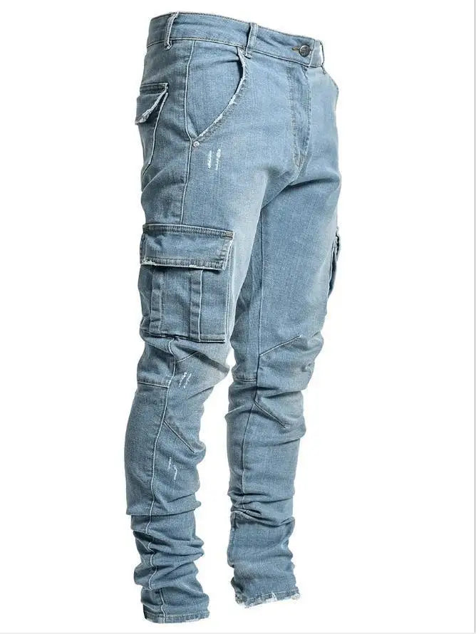 2025 New Men Street Elastic Denim Brand Jeans Narrow Legs Multi Pockets Cargo Pants Casual Slim Fit Daily Wear Joggers Mid Waist PlatiNum