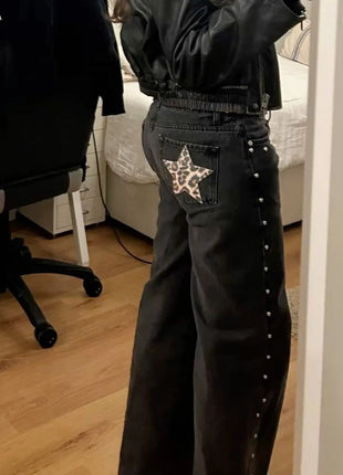 Y2k One Dilemma Pantaloni in denim Stampa leopardata Stella Jeans a gamba larga Streetwear Jeans larghi a vita alta Harajuku Abbigliamento donna gotico
