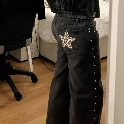 Y2k One Dilemma Pantaloni in denim Stampa leopardata Stella Jeans a gamba larga Streetwear Jeans larghi a vita alta Harajuku Abbigliamento donna gotico
