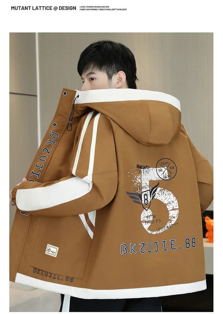 Fashion Autumn Winter Men's Hooded Fleece Jackets Youth High Streetwear Casual Plush Liner Coats Windproof Padded Tops Clothing