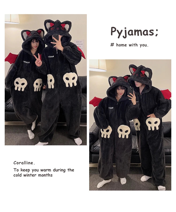 DAIMELU hooded male pajamas set men's cartoon winter thickened coral fleece flannel boy one-piece loungewear suit sleepwear
