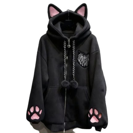 Cute Cat Ear Velvet Hoodies Women Cat Claw Long Sleeve Coat Black Harajuku Y2k 2000s Punk Rock Goth Sweetheart Women Jackets