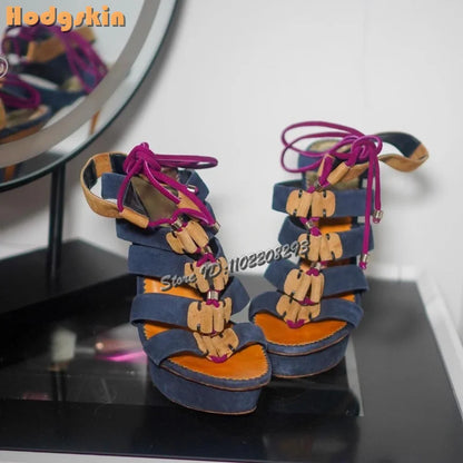 Retro Patchwork Roman Sandals Round Toe Frosted Cross-tied Hollow High Heels 2026 Summer Women Fashion Lace-up Stiletto Shoes