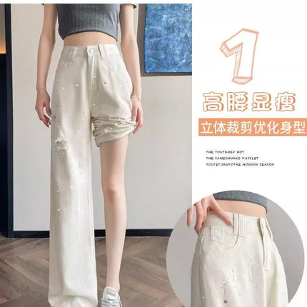 Jeans bianchi traspiranti a gamba larga da donna Pantaloni strappati per pantaloni estivi a vita alta con diamanti