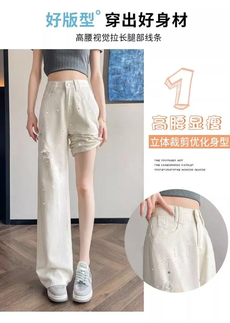 Jeans bianchi traspiranti a gamba larga da donna Pantaloni strappati per pantaloni estivi a vita alta con diamanti
