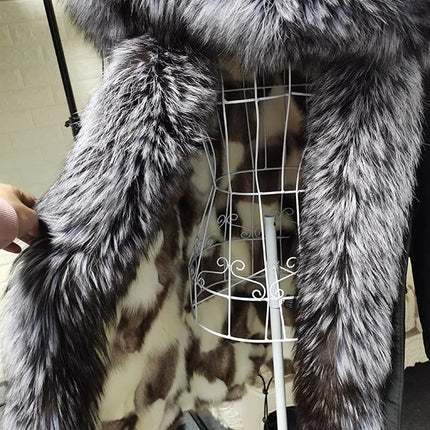 Winter Long Jacket Real Fur Coat Women Clothes Large Silver Fox Fur Collar Detachable Natural Fox Lining Parkas Leather Fur
