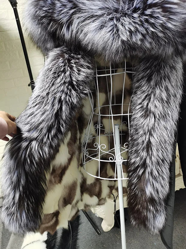 Winter Long Jacket Real Fur Coat Women Clothes Large Silver Fox Fur Collar Detachable Natural Fox Lining Parkas Leather Fur