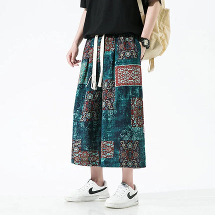 Pantaloncini da uomo estivi Stampa Pantaloni da spiaggia traspiranti a gamba larga Pantaloni larghi casual alla moda Vita elastica Comodi pantaloni al polpaccio da uomo