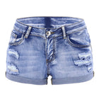Women's Split Denim Shorts Summer Beach Wild Fashion Sexy Mid Waist Curled Cuff Perforated Elastic Slim Fit Casual Shorts PlatiNum
