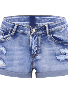 Women's Split Denim Shorts Summer Beach Wild Fashion Sexy Mid Waist Curled Cuff Perforated Elastic Slim Fit Casual Shorts
