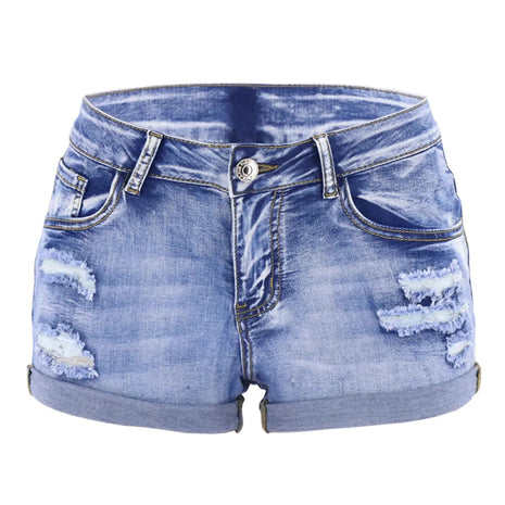 Women's Split Denim Shorts Summer Beach Wild Fashion Sexy Mid Waist Curled Cuff Perforated Elastic Slim Fit Casual Shorts PlatiNum