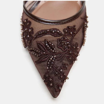 Sexy Pointed Toe Mesh Embroider High Heels for ladies Elegant String Bead pumps Summer Luxury Designer Shoe Brown Heeled Sandals PlatiNum