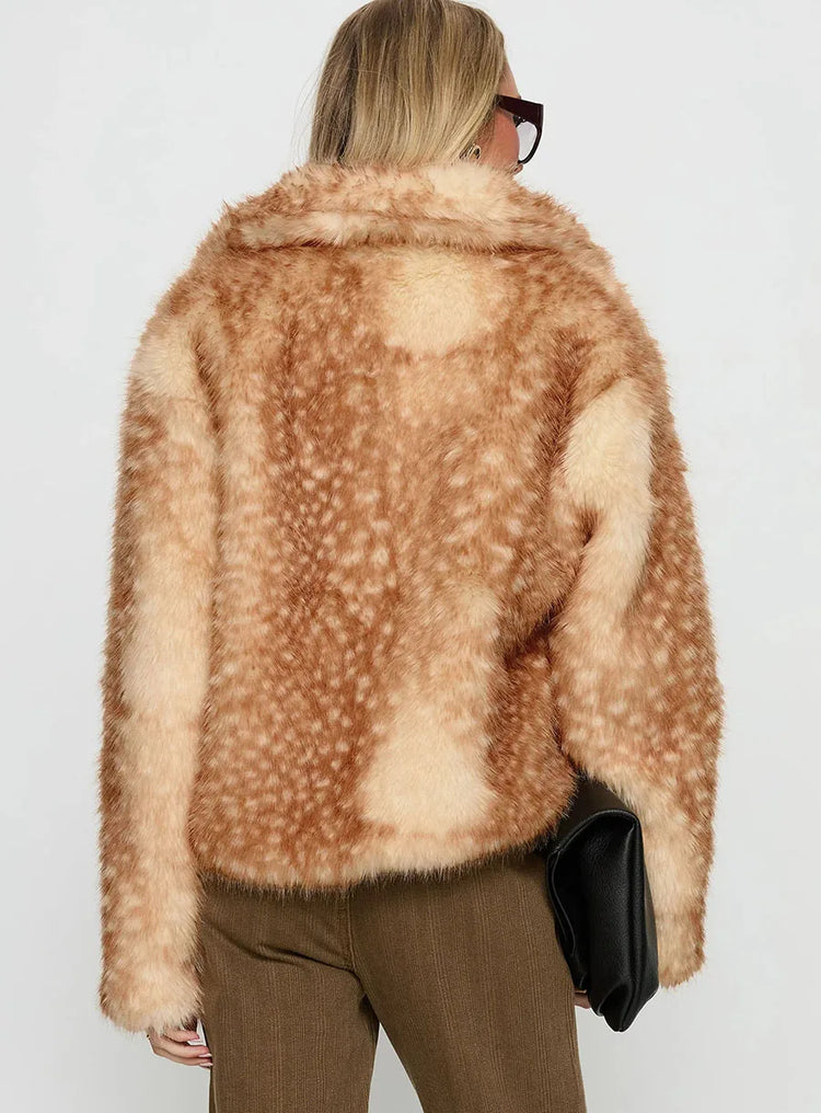 ZADORIN Chic Turn Down Collar Deer-print Cropped Fluffy Faux Fur Coat Woman Elegant Warm Faux Fur Jackets Woman Winter Coat Tops