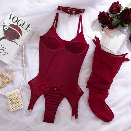 New Arrivals 4 Piece Garter Bodysuit Lingerie Sets with Stockings Women Elegant Private Intimate Hot Underwear Bra Set