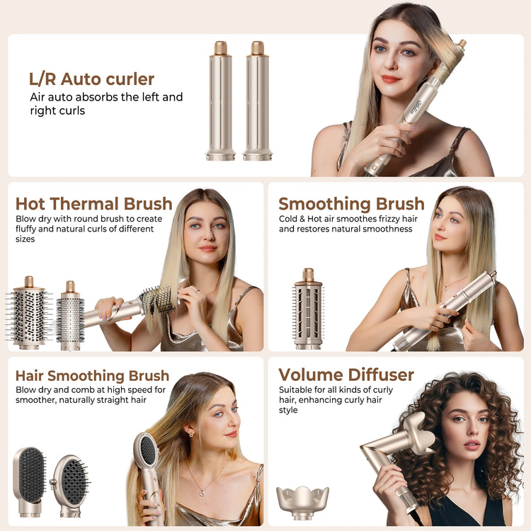 UKLISS 643 Champagne Color 8-in-1 Hot Air Styler Set, Detachable Multi Functional Hair Styling Tool, Hair Dryer, Curling Wand, Straightening Brush & Flat Iron All in One, Foldable Rotatable Auto Curler for Quick Drying, Smoot