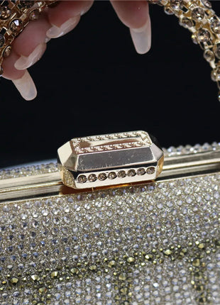 Popular In Nigeria Exquisite Evening Bags With Diamond Design Fashion Handle Clutch Rhinestone Embellished Long Chain Bag PlatiNum