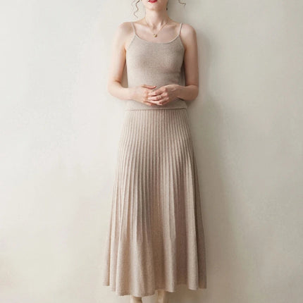 New Arrivals Women Cashmere A-line Skirt Elastic Waist Pleated Skirt 100% Cashmere Knitted Autumn Winter Thin Office Lady Dress PlatiNum