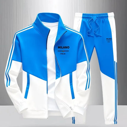 Men 2 Piece Tracksuit Fashion Milano Italia Print Stand Collar Full Zip Jacket Drawstring Jogger Suits Athletic Casual Outfit
