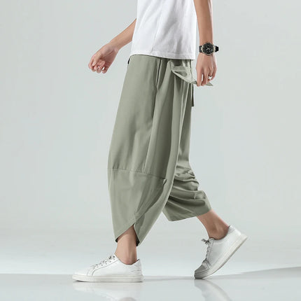 Pantaloncini Estivi da Uomo Stile Cinese Harajuku, Pantaloni Harem Oversize, Pantaloni Vintage Traspiranti a Tinta Unita, Lunghezza al Polpaccio