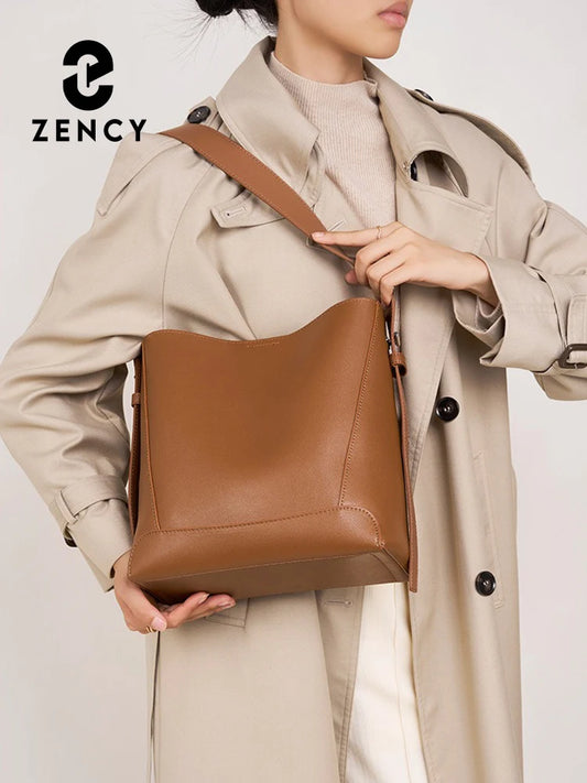 Zency New 2025 TrendyTwo Layer Cow Leather Shopper Shoulder Bag Commuter Large Bucket Handbag Simple High Quality Women Tote Bag