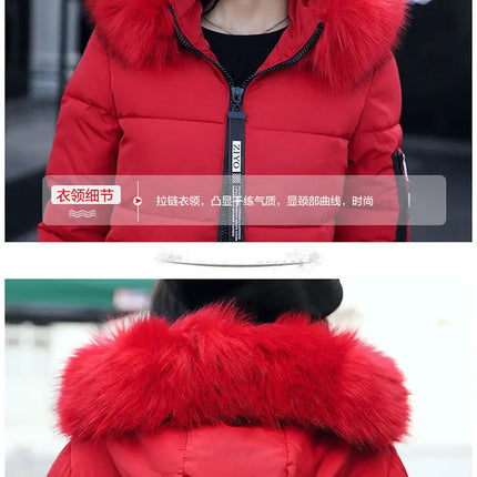Women Winter Fur Collar Hooded Parka Coats Fashion Letter Patch Zipper Long Jacket Elegant Slim Warm Thick Female Snow Outerwear