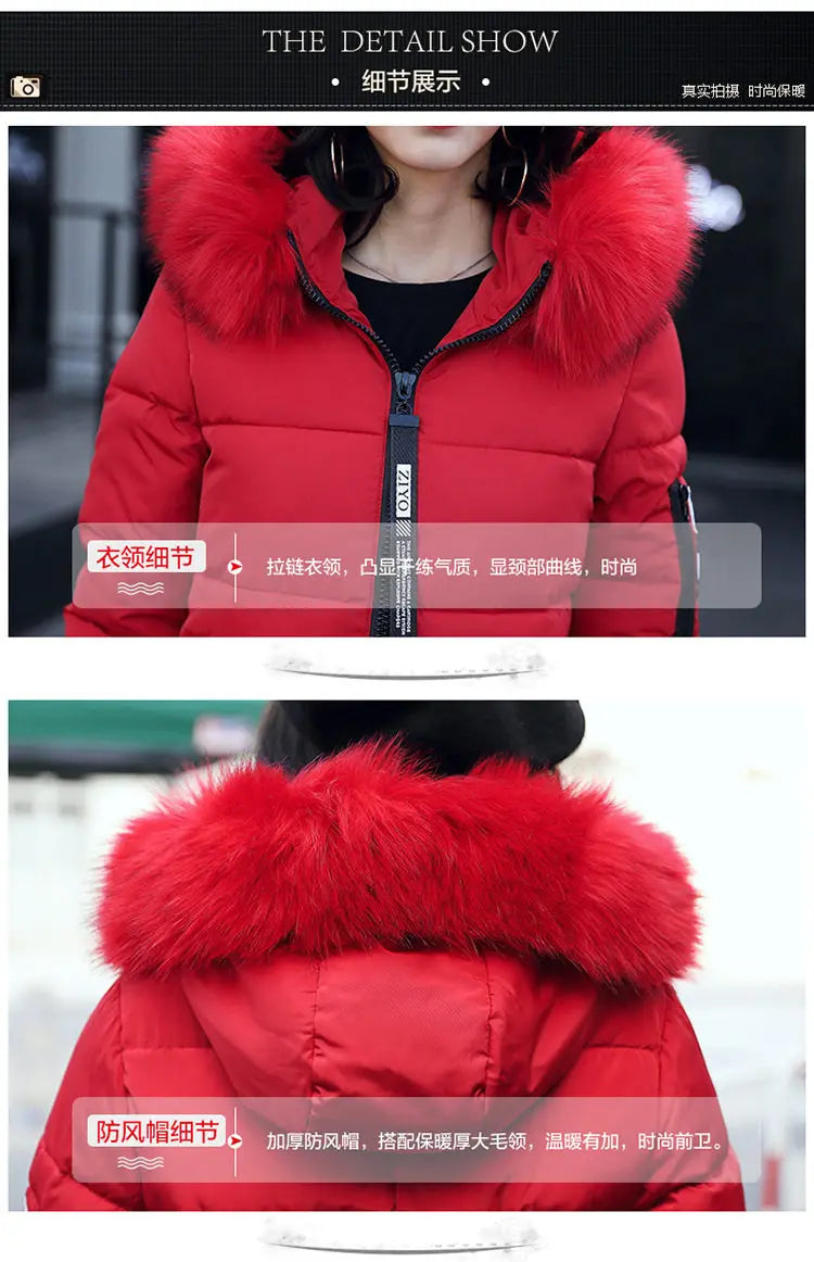 Women Winter Fur Collar Hooded Parka Coats Fashion Letter Patch Zipper Long Jacket Elegant Slim Warm Thick Female Snow Outerwear