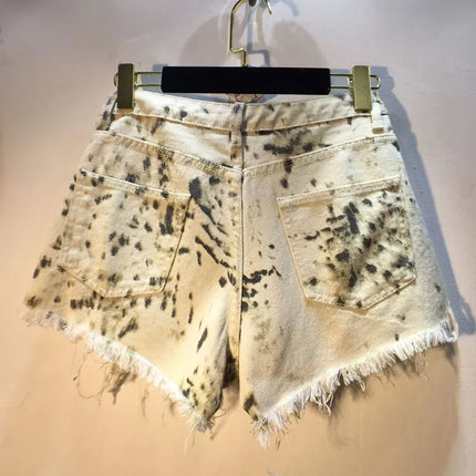 2025 Abiti estivi, Nuovi pantaloncini di jeans con bordo ruvido indossato a vita alta con perforazione a caldo per l'industria pesante, pantaloni caldi da donna
