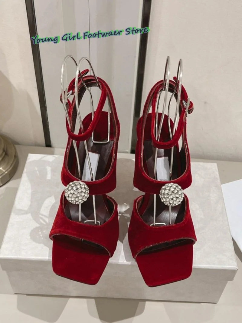 One-Button Rhinestone-Encrusted Sandals Square Head With Exposed Toes Elegant High Heels Burgundy Heels Women's Luxury Sandals