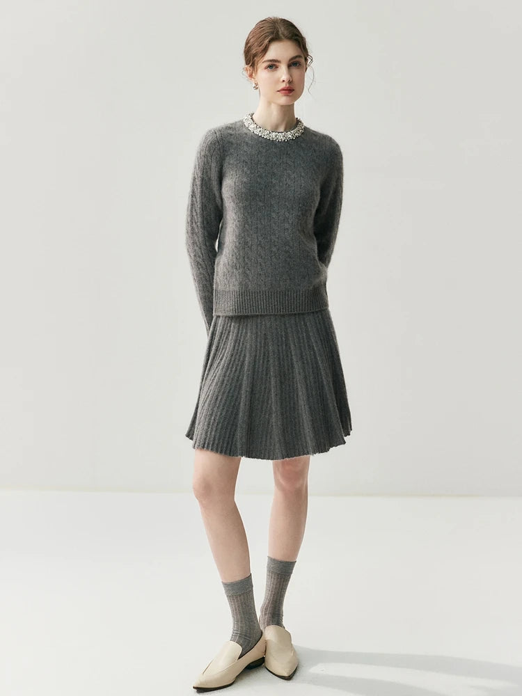 CHICUU Women's A-line Pleated Skirt 100% Cashmere Knit Mini Skirt Autumn Winter Preppy Style Above Knee Skirt Cashmere Knitwear PlatiNum