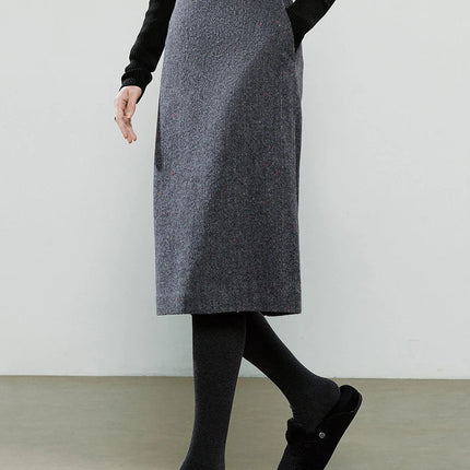 TOYOUTH Women Midi Skirts 2025 Winter NewAsymmetric Dark Gray Speckled Wool Blend Office Pencil Midi Skirt PlatiNum
