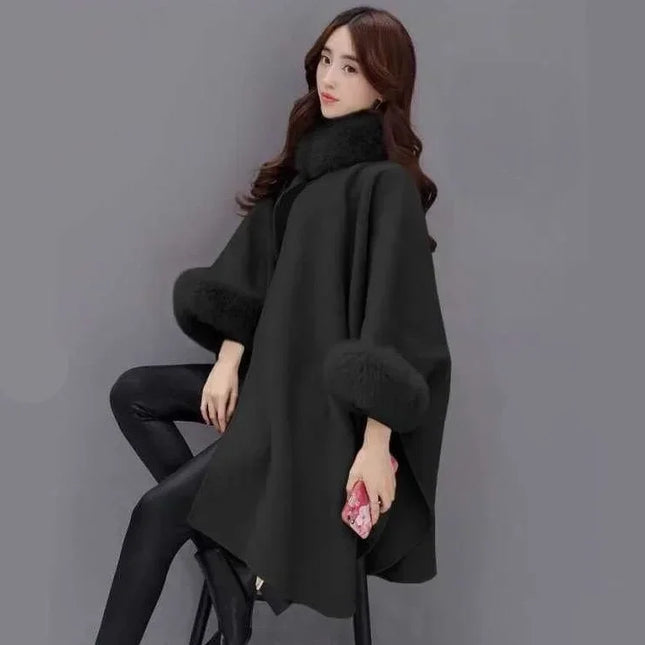 S-5XL Winter Warm Fashion Cloak Horn Buckle Woolen Poncho Capes Women Faux Rabbit Fur Dolman Sleeves Loose Long Cappa Coat