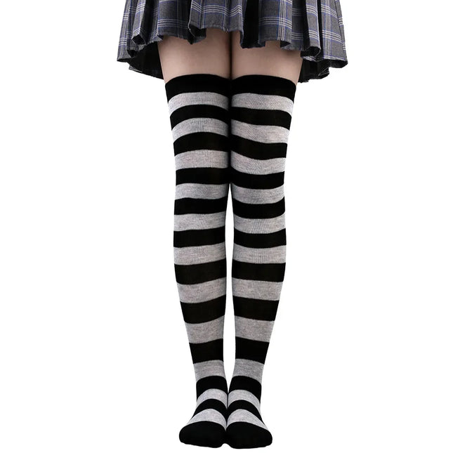 Chaussettes hautes à rayures pour femmes, noires, blanches, roses, longues, au-dessus du genou, pour Femboy Cosplay Lolita Harajuku Y2k