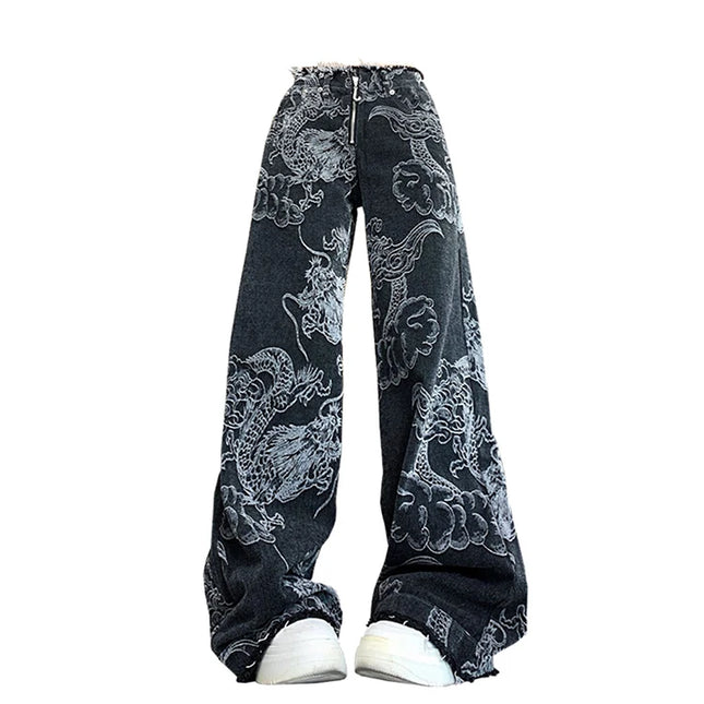 Donne Nero Gotico Drago Stampa Jeans Baggy Vintage Estetica Pantaloni Da Cowboy Harajuku Pantaloni In Denim Y2k Trashy 2000s Vestiti 2024