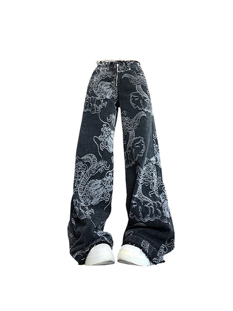 Women's Black Gothic Dragon Print Baggy Jeans Vintage Aesthetic Cowboy Pants Harajuku Y2k Trashy 2000s Clothes 2024