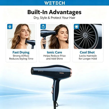 WETECH 2000W Professional Hair Dryer Negative Ion Blow Dryer Cool Shot Function With Concentrator Nozzle Diffuser Salon Home Travel Hair Styling Tool Adjustable Heat Speed 100-240V Universal Voltage