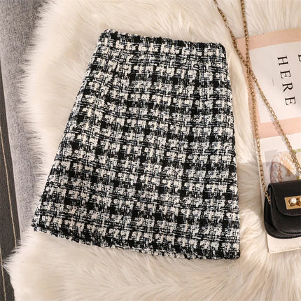 Women's Autumn Winter New Fragrant Woolen Tweed High Waisted Skirt PlatiNum