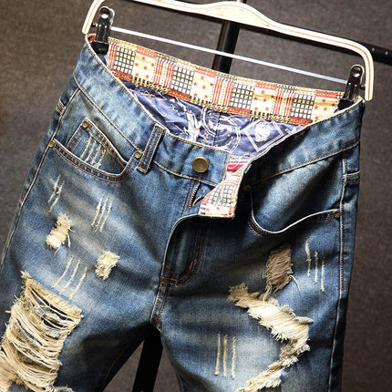 Men Ripped Short Jeans Summer Cotton Knee Length Shorts Breathable Vintage Denim Pants Painted Graffiti Streetwear Cargo Jeans PlatiNum