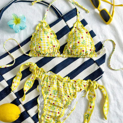 Nuovo Set Bikini Donna Estivo con Stampa Floreale Arancione, Halter con Volant, Push-Up e Perizoma con Laccetti Laterali PlatiNum