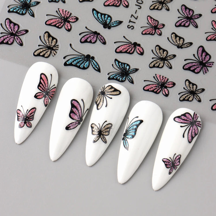 Glitter Butterfly Nail Stickers Decals Charm 3D Shiny Blue Pink Design Self Adhesive Sliders Nail Art Foils Manicure Decorations