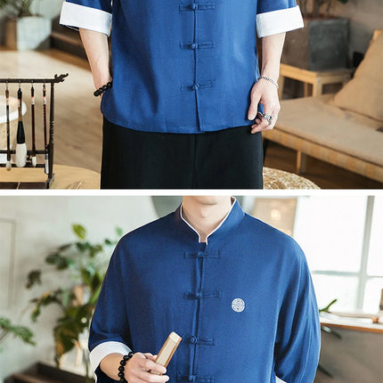Camicia stile cinese da uomo Tang Suit Lino Kung Fu Cardigan maschile allentato Top Ricamo retrò Camicie kimono samurai giapponesi Streetwear