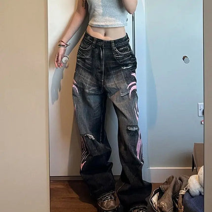 Women's Denim Jeans Wide Leg Long Pants High Waist Straight Hole Pants Y2k Streetwear Print Mom Jeans Casual Loose 2025