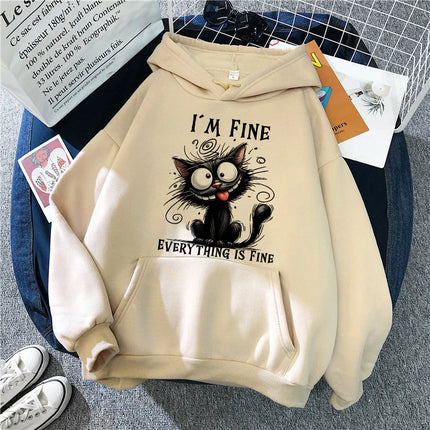 Women’s Vintage Y2K Hooded Pullover, Kawaii Sweatshirt With Sarcastic Cat Graphic Print Long‑Sleeve Tops For Daily Street Wear