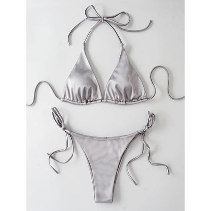 Sexy 13 colori Halter Satin Bikini brasiliano Donna Costumi da bagno Costume da bagno femminile Bikini a due pezzi Bagnante Costume da bagno Swim V4966 platinumshop