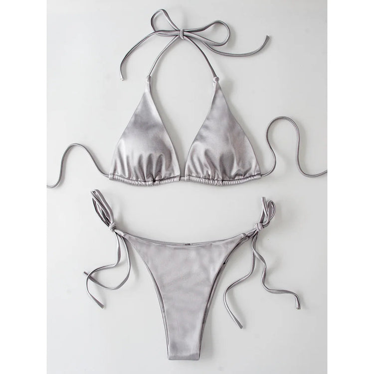 Sexy 13 colori Halter Satin Bikini brasiliano Donna Costumi da bagno Costume da bagno femminile Bikini a due pezzi Bagnante Costume da bagno Swim V4966 platinumshop