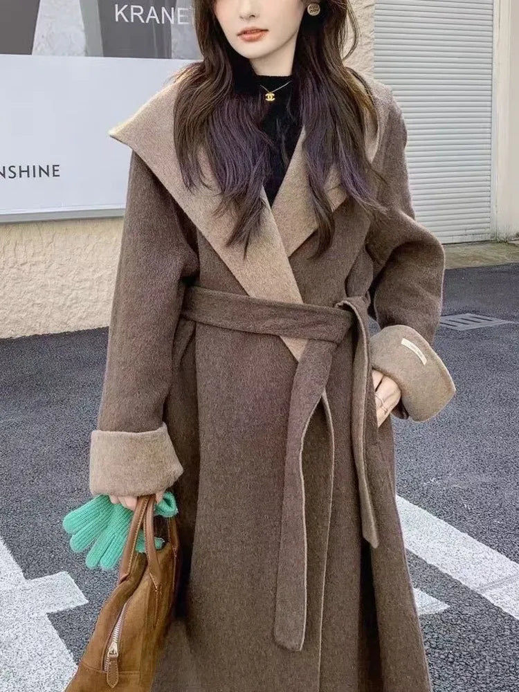 UCXQ Color Blocked Double Sided Wool Coat For Women Hooded Long Sleeved Belt Cardigan Coats 2025 Autumn Winter New Tide 23Z3934