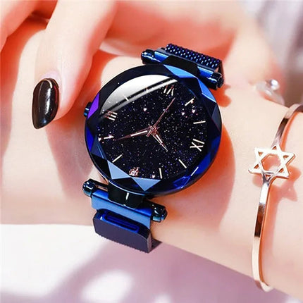 Orologi da donna con cielo stellato alla moda, fibbia magnetica, cintura in rete, orologio al quarzo con diamanti, orologio da donna platinumshop