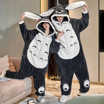 My Neighbor Totoro Winter Couple Matching Pajamas Thick Fluffy Plush Zipper Jumpsuit Cute Loungewear Warm Cozy Home Sleepwear