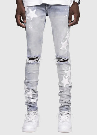 Vintage Star Print Stretch Punk Style Ripped Jeans Men's Streetwear Fashion Pocket Male Youth Daily Casual Denim Pencil Pants PlatiNum