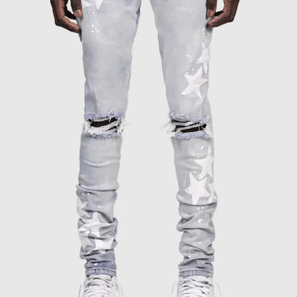 Vintage Star Print Stretch Punk Style Ripped Jeans Men's Streetwear Fashion Pocket Male Youth Daily Casual Denim Pencil Pants PlatiNum